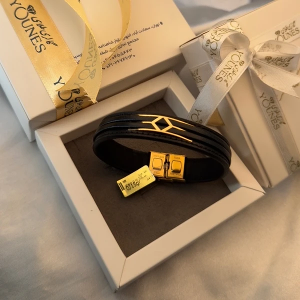 تصویر دوم دستبند طلا چرم مردانه لوزی L138